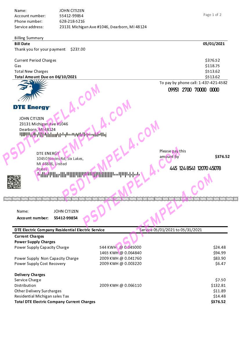 USA DTE Energy 2 pages utility bill