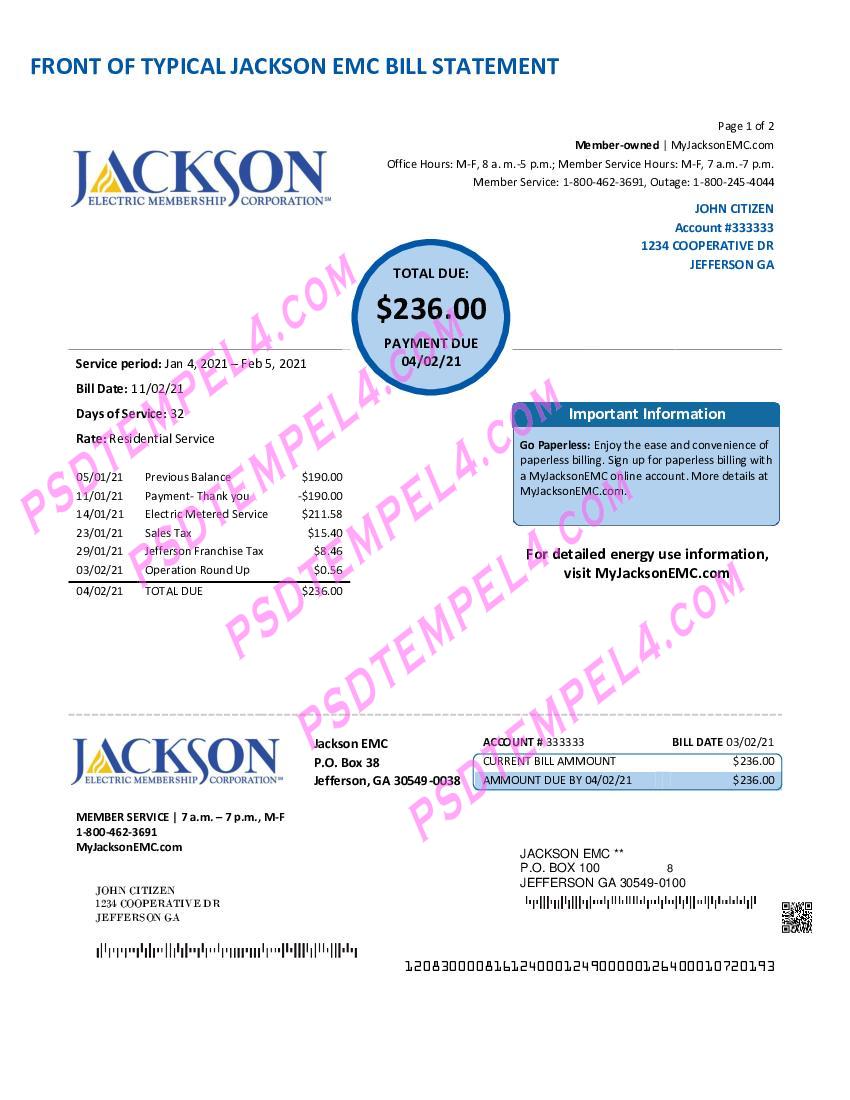 USA Georgia JACKSON EMC utility bill 2Pages