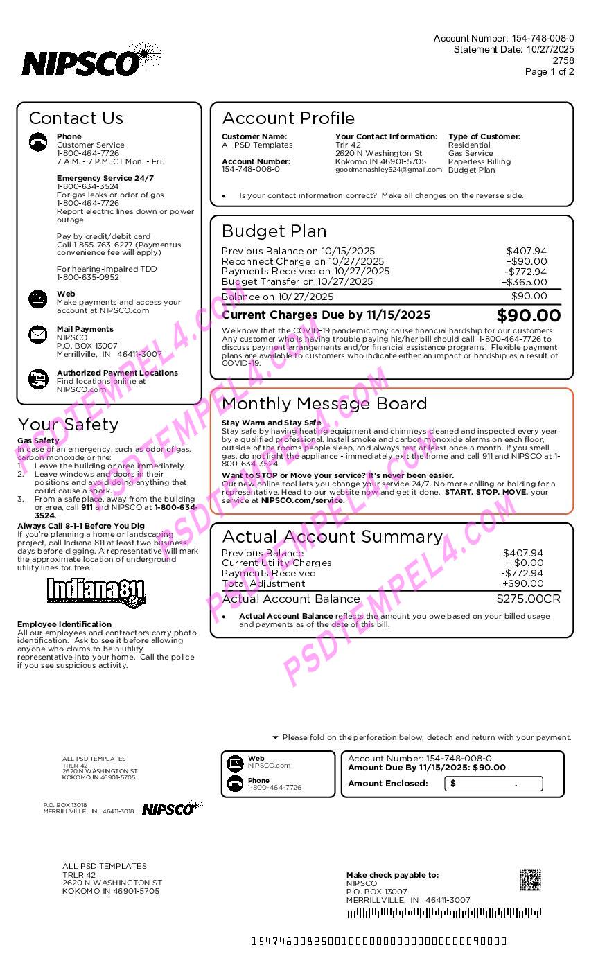 USA Indiana Nipsco utility bill