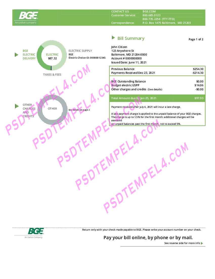 USA Maryland Baltimore Gas and Electric (BGE) 2pages V2 utility bill