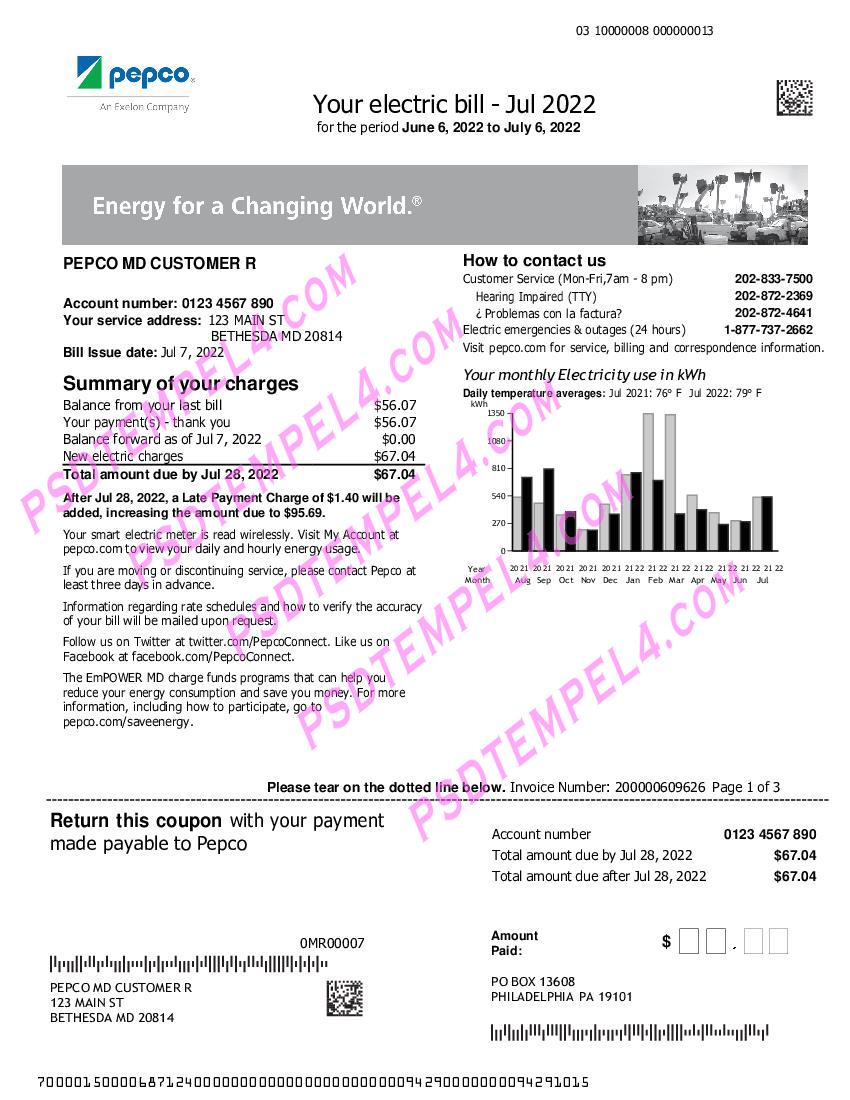 USA Maryland Pepco 3 pages utility bill