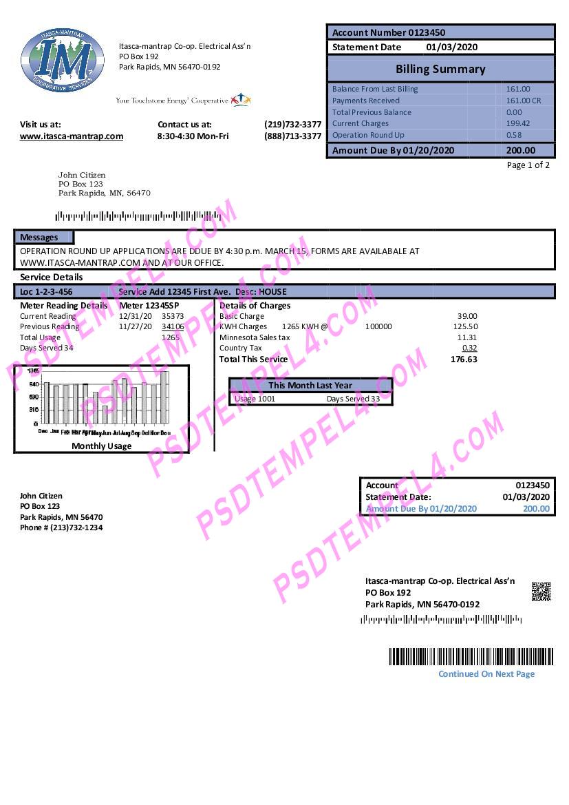 USA Minnesota Itasca-Mantrap electricity utility bill 2 pages