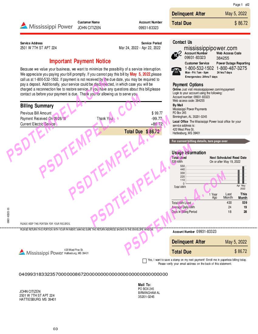 USA Mississippi power 2 pages utility bill