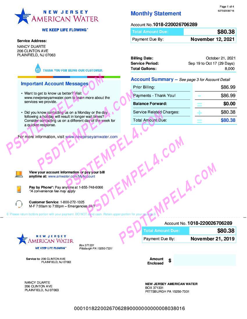 USA New Jersey American Water utility bill 3 Pages