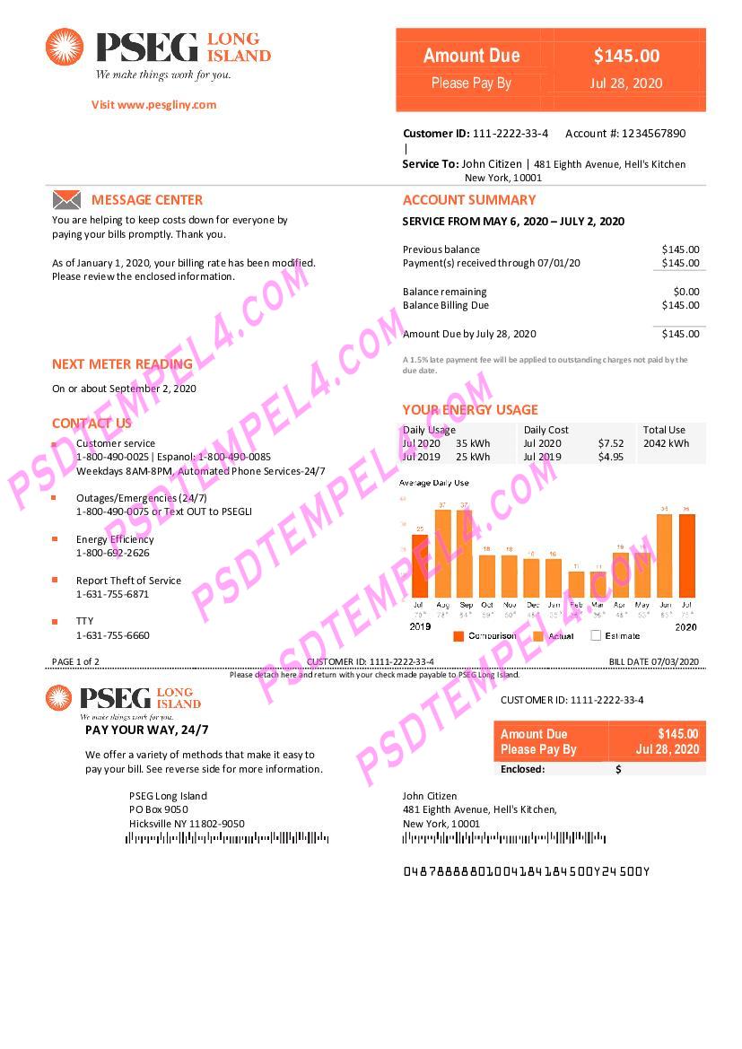 USA New Jersey PSEG electricity utility bill