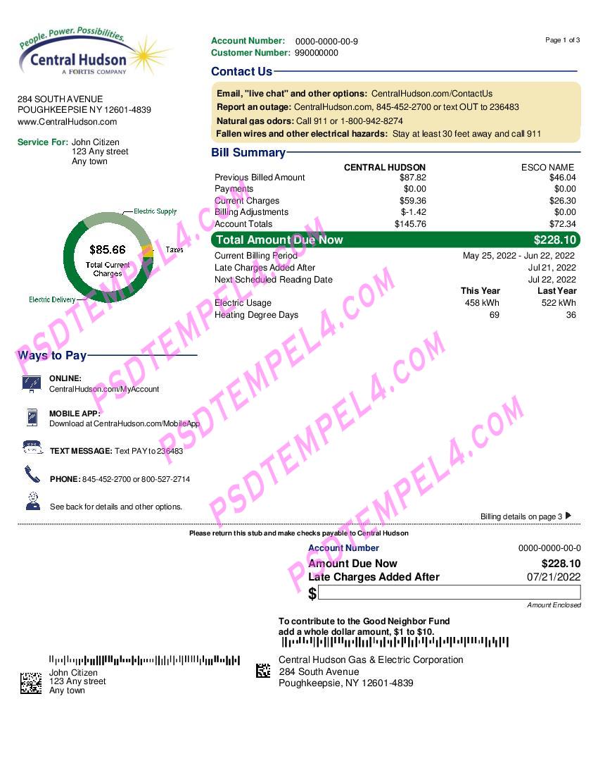 USA New York Central Hudson A fortis utility bill 3 pages