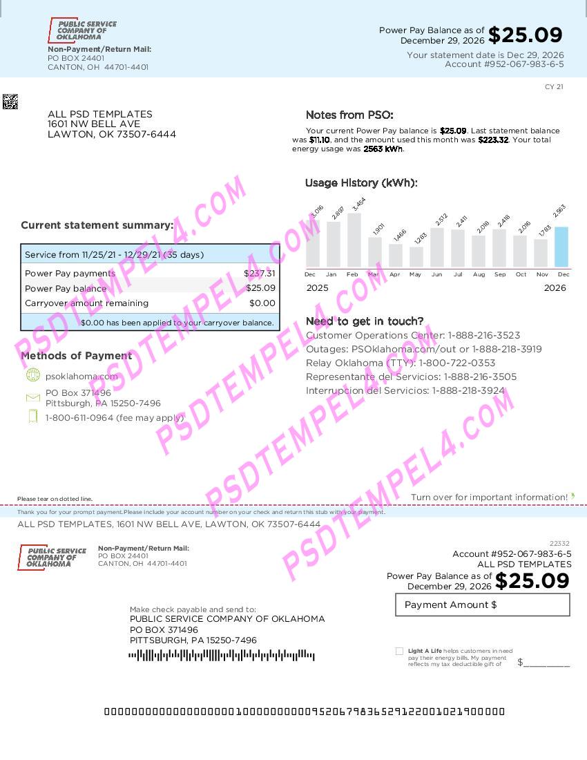 USA Oklahoma Public Service Company utility Bill