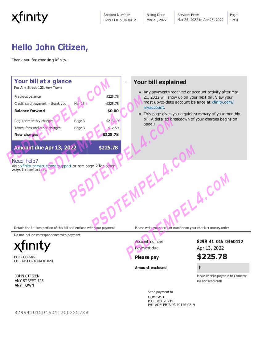 USA Philadelphia Xfinity 4 pages utility bill