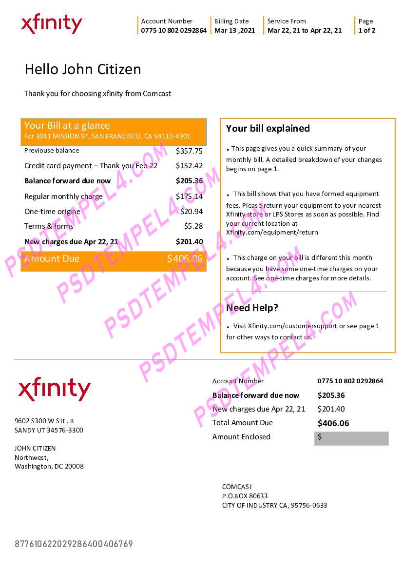 USA San Francisco Xfinity Comcast utility bill 2 pages