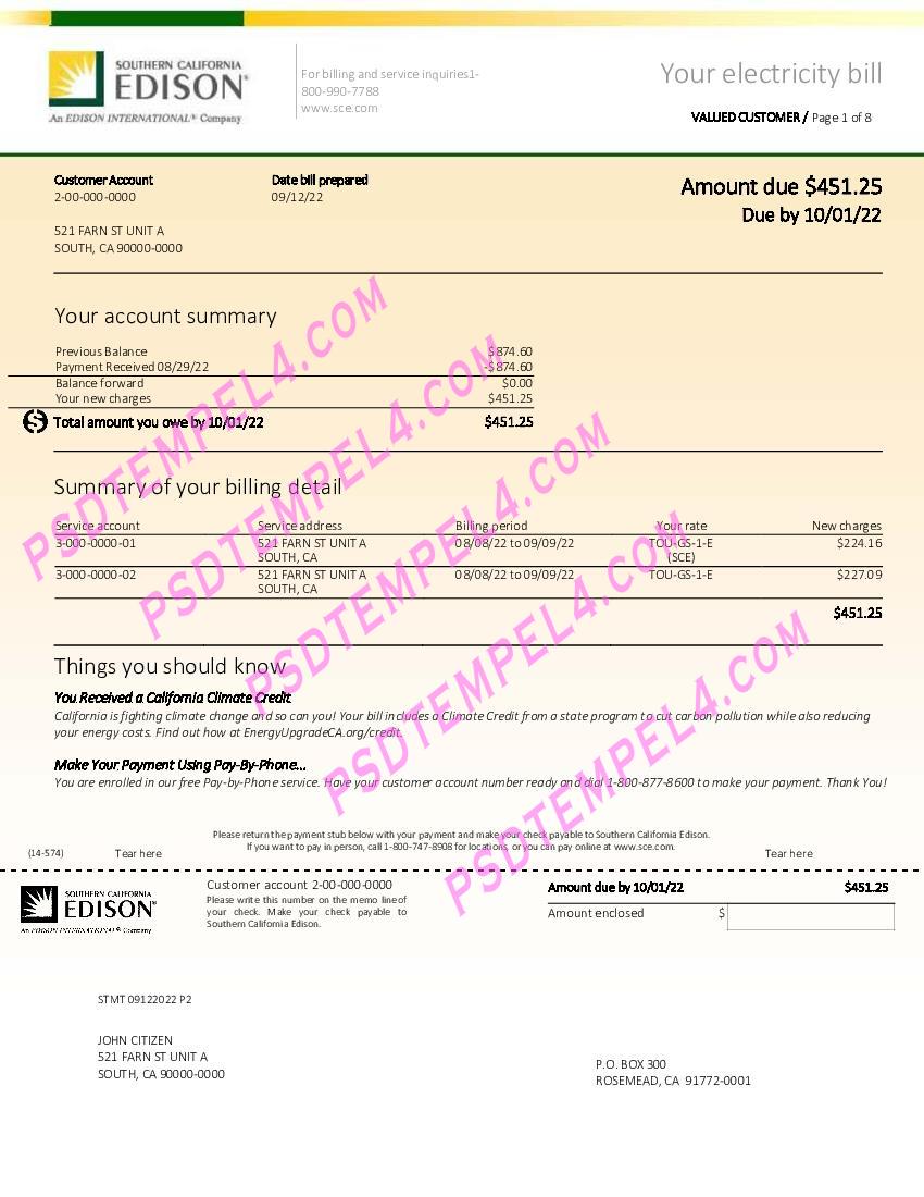 USA Southern California Edison 8 pages utility bill