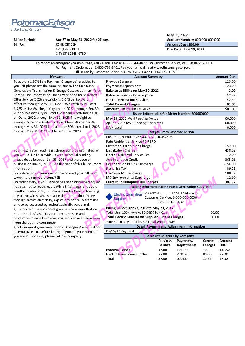 USA maryland potomac edison utility bill 2pages
