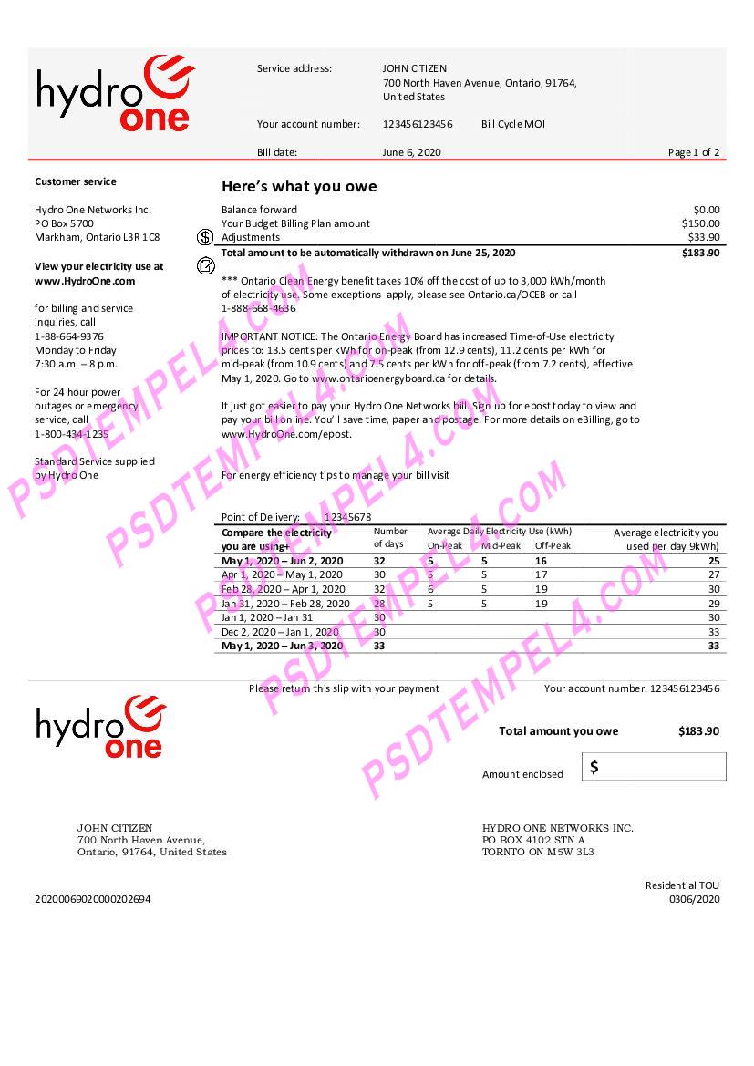 usa ontario hydro one electricity utility bill 2 pages