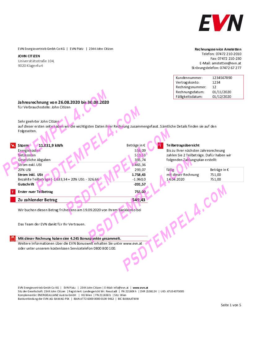 Austria evn electricity utility bill 5 pages