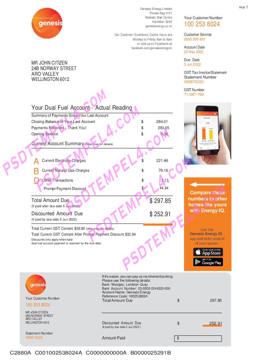 New Zealand Genesis Gas 3 pages utility bill