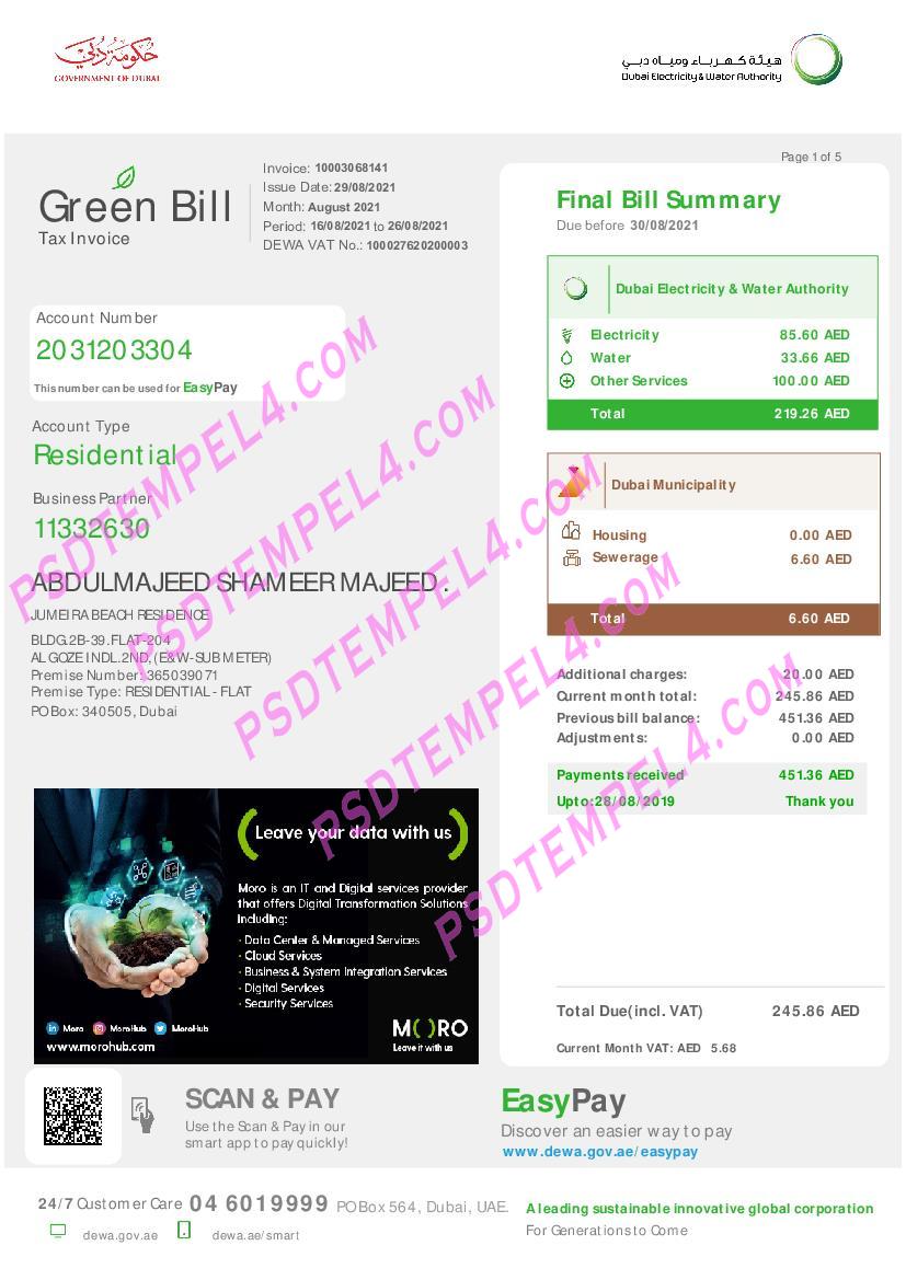 UAE United Arab Emirates Dubai Green utility bill 5Pages
