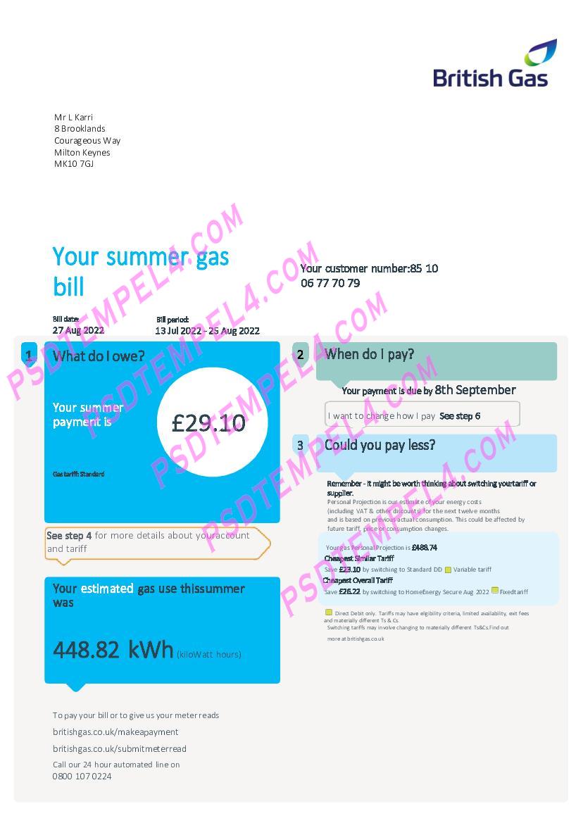 UK United Kingdom British gas 4 pages utility bill