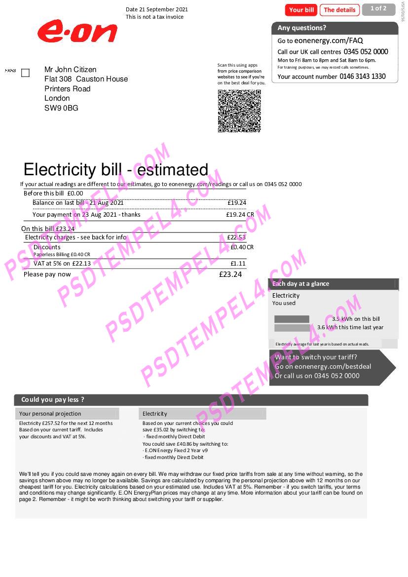 UK United Kingdom E utility bill.ON electricity V1 2pages