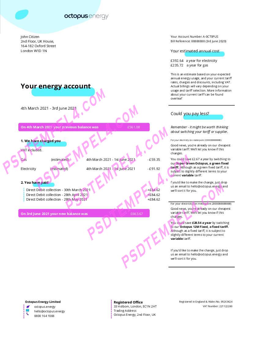 UK United Kingdom Octopus Energy utility bill 3pages