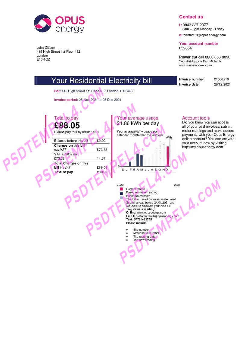 UK United Kingdom Opus Energy electricity 2 pages utility bill