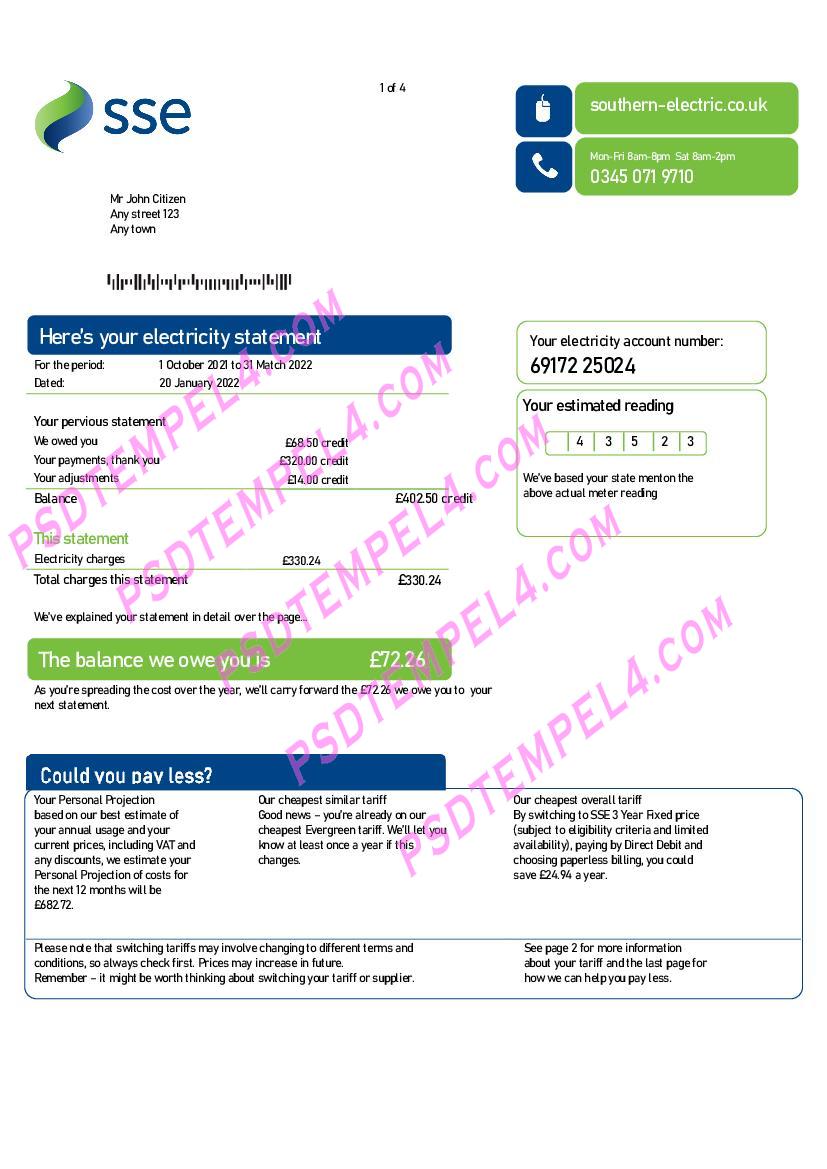 UK United Kingdom SSE Energy 4 pages utility bill