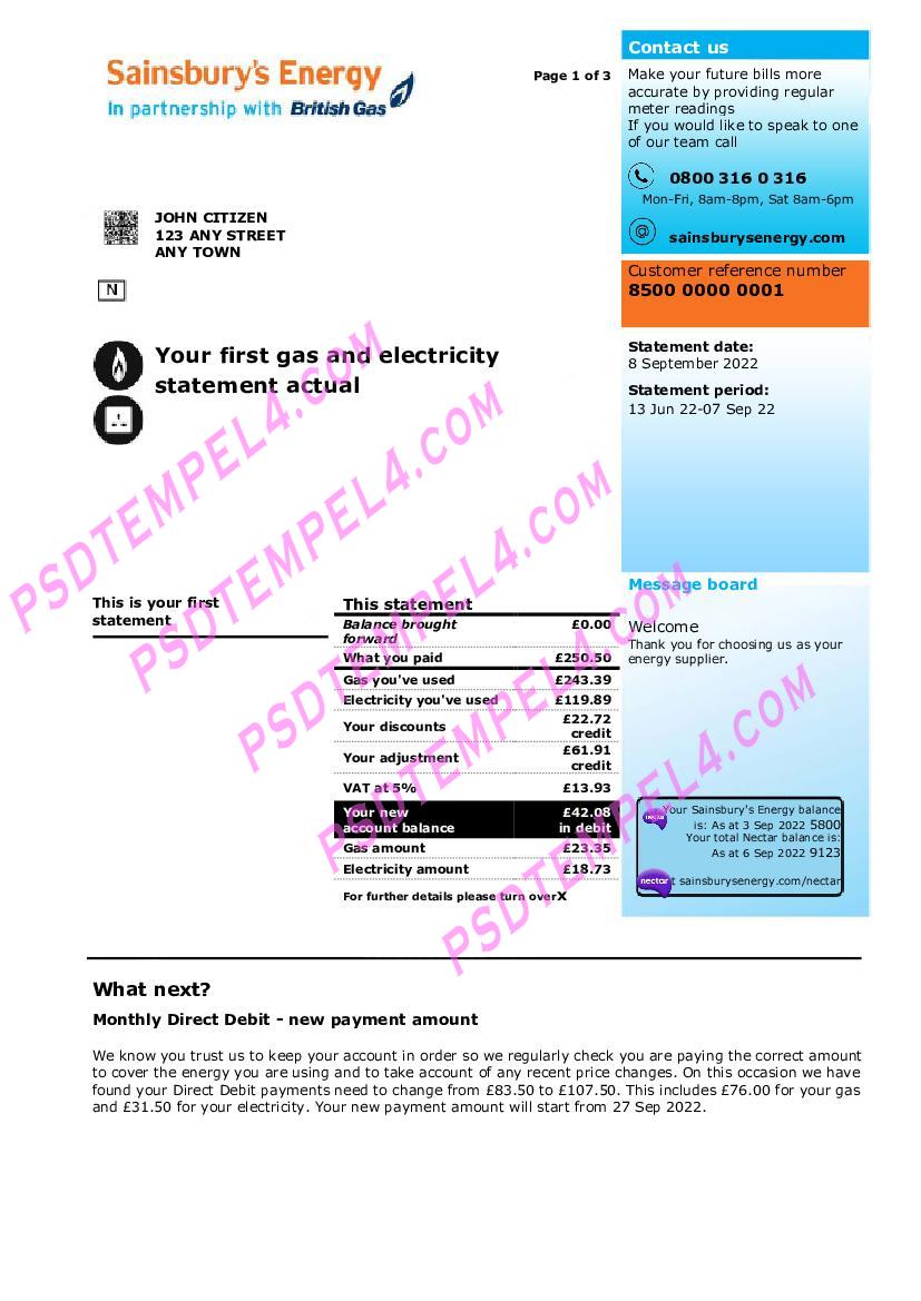 UK United Kingdom Sainsbury’s Energy (British Gas) utility bill 3pages