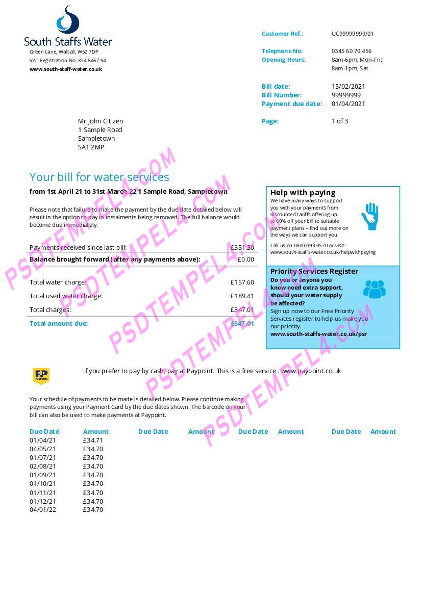 UK United Kingdom South Staffs Water 2pages utility bill