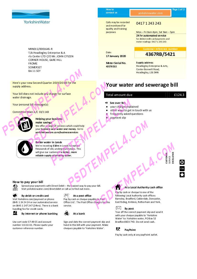 UK United Kingdom Yorkshire water utility bill 2pages