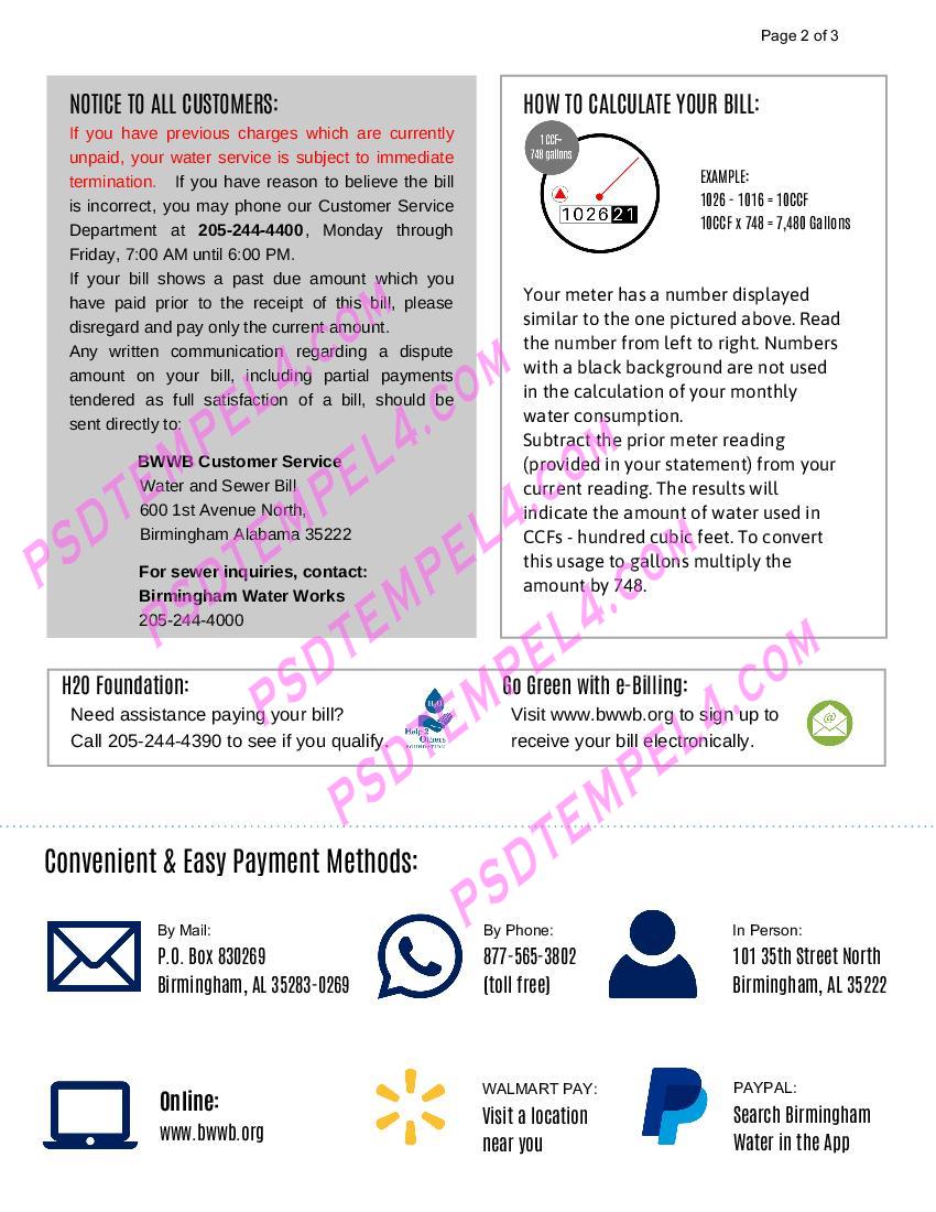 USA Alabama Birmingham Water Utility Bill 3Pages - Image 2