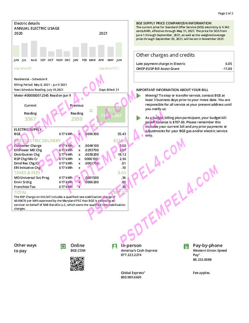 USA Maryland Baltimore Gas and Electric (BGE) 2pages V2 utility bill