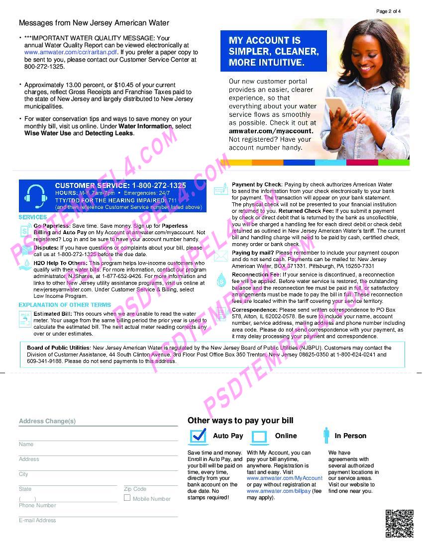 USA New Jersey American Water utility bill 3 Pages