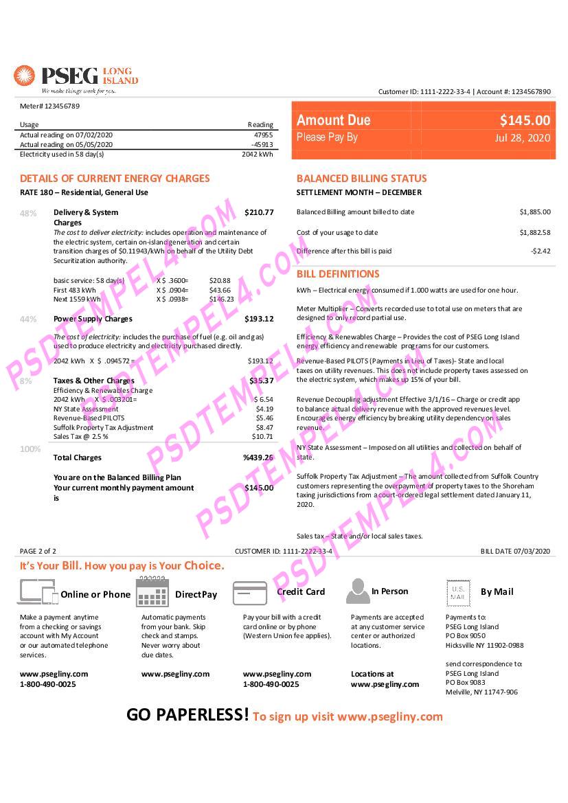 USA New Jersey PSEG electricity utility bill