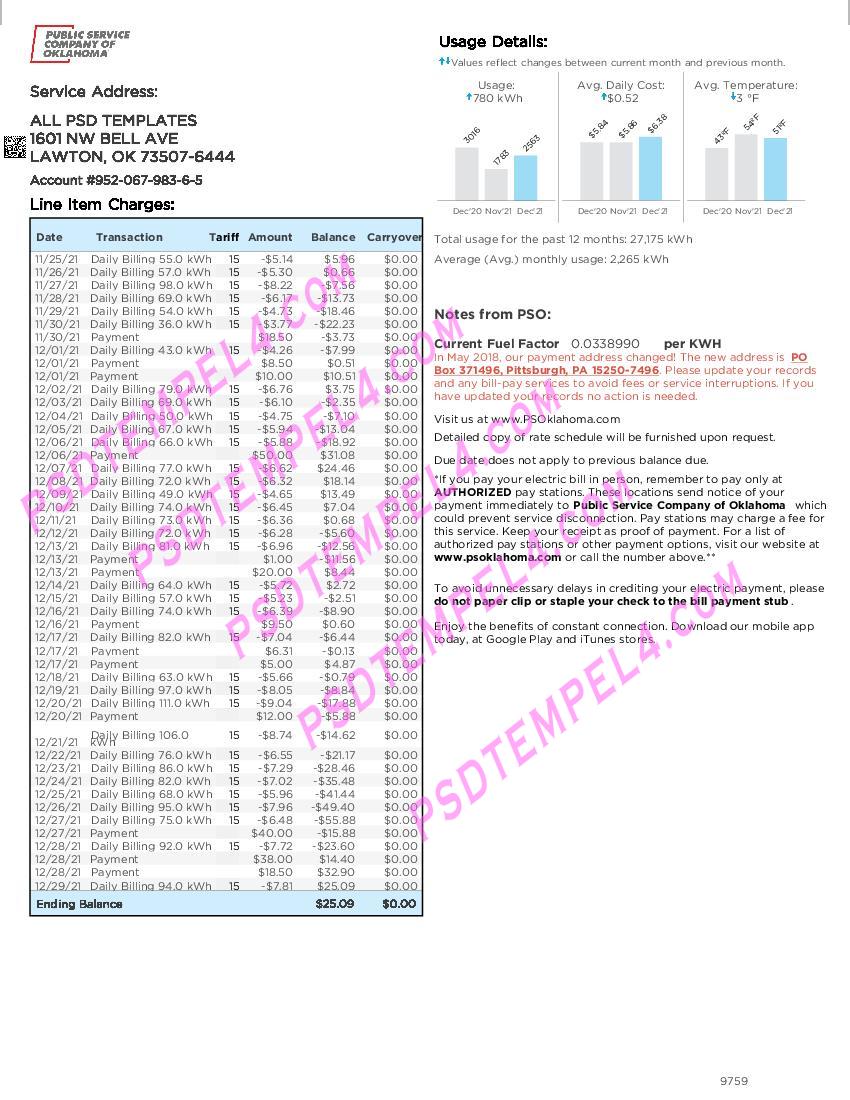 USA Oklahoma Public Service Company utility Bill