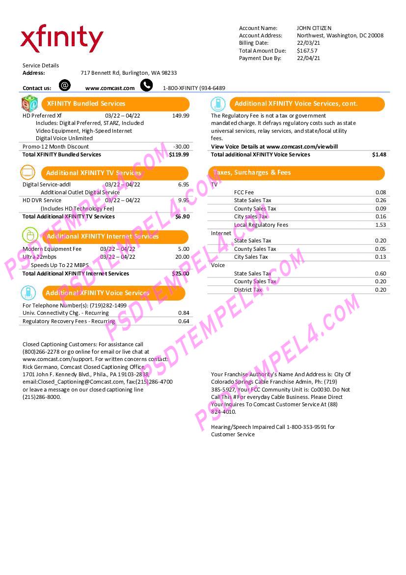 USA San Francisco Xfinity Comcast utility bill 2 pages