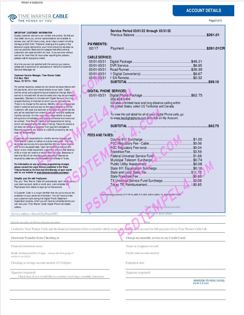 USA Time Warner Cabel 3 pages utility bill