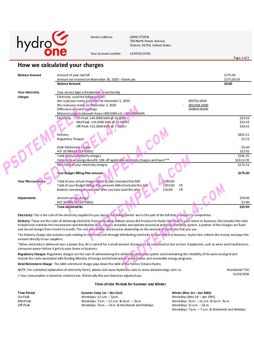 usa ontario hydro one electricity utility bill 2 pages