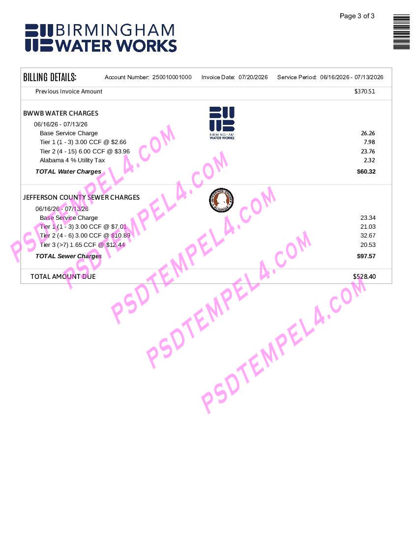 USA Alabama Birmingham Water Utility Bill 3Pages - Image 3