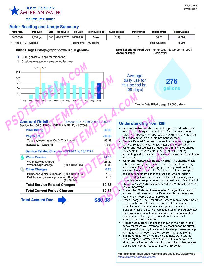 USA New Jersey American Water utility bill 3 Pages