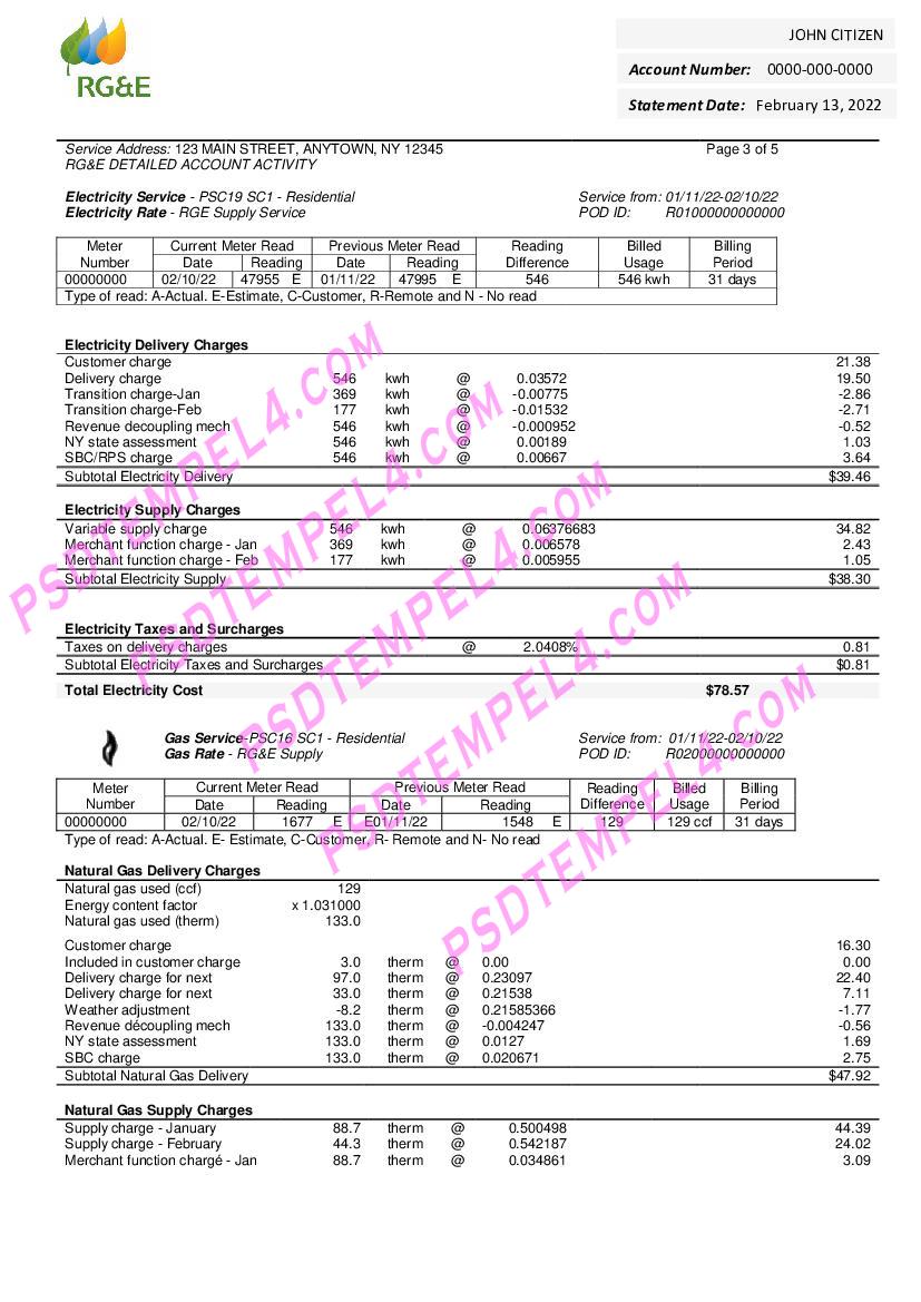 USA RG&E utility bill 5 pages