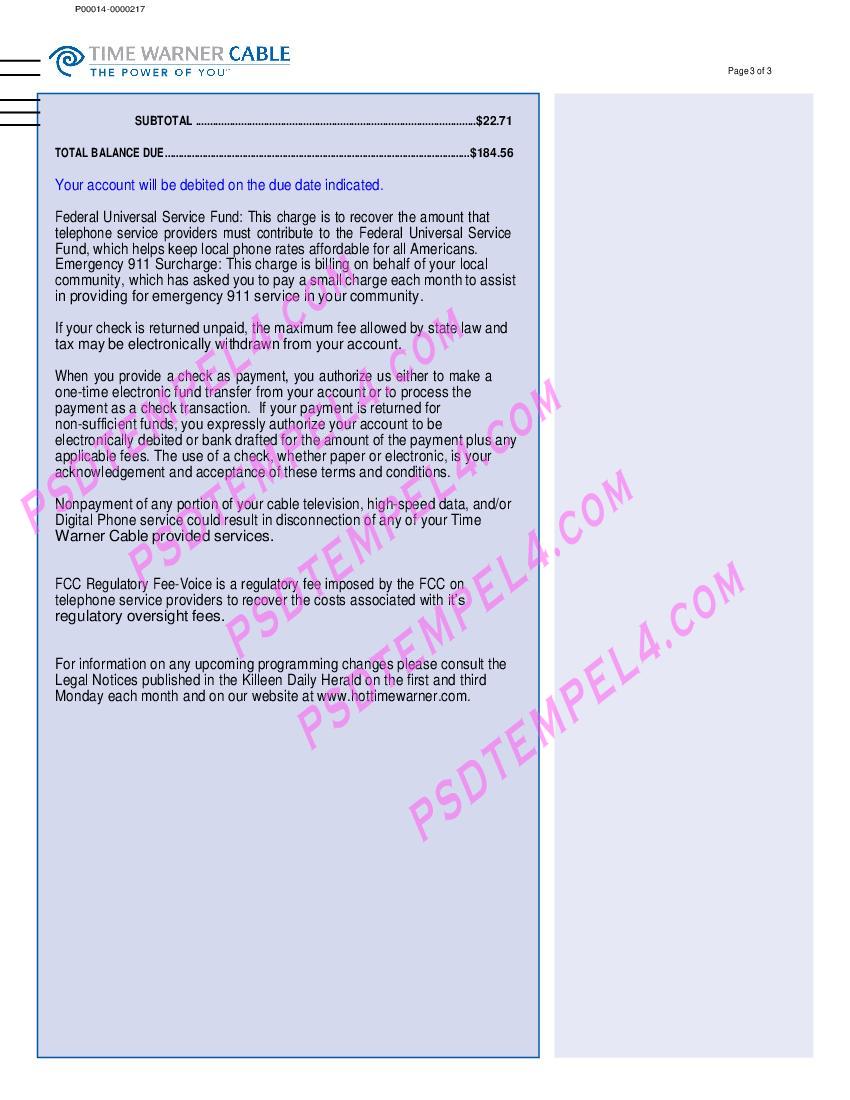 USA Time Warner Cabel 3 pages utility bill