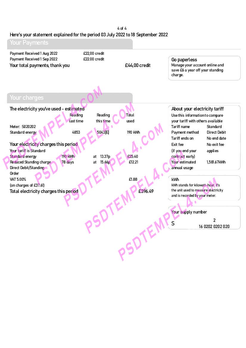 UK United Kingdom SSE Energy 4 pages utility bill - Image 4