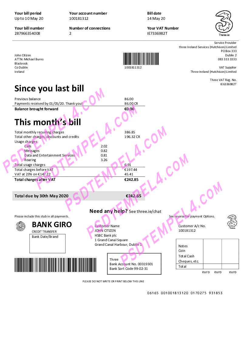 Ireland Three ie utility bill