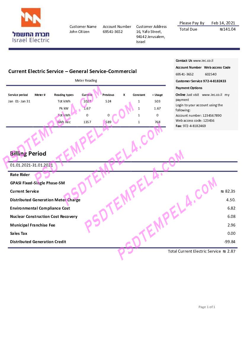 Israel Electric Corporation electricity utility bill