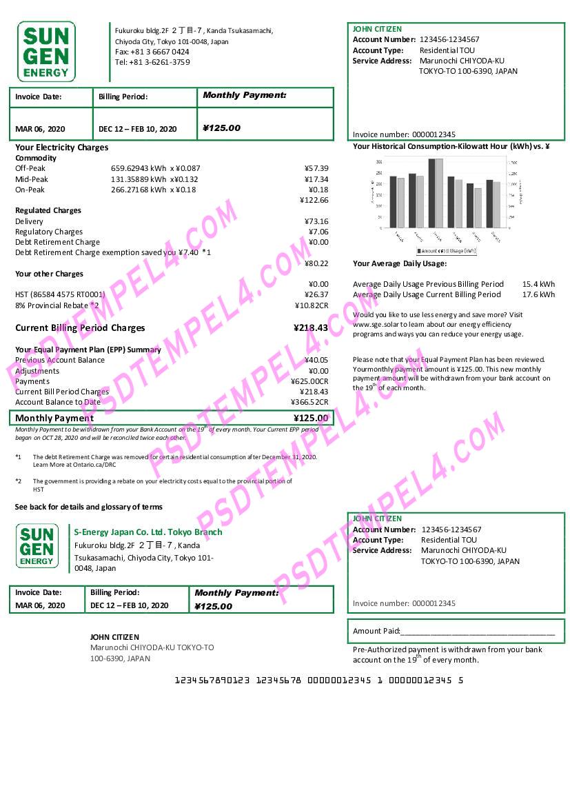 Japan Sun Gen S-Energy Ltd utility bill. Tokyo BranchJapa