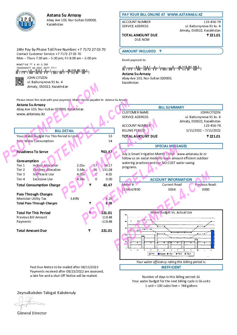 Kazakhstan Astana Su Arnasy utility bill