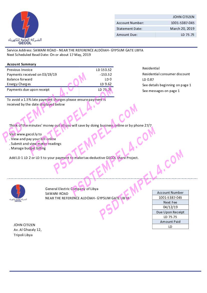 Libya General Electric Company electricitry utility bill