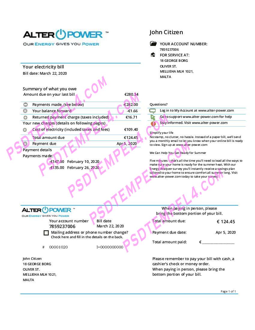 Malta alterpower utility bill