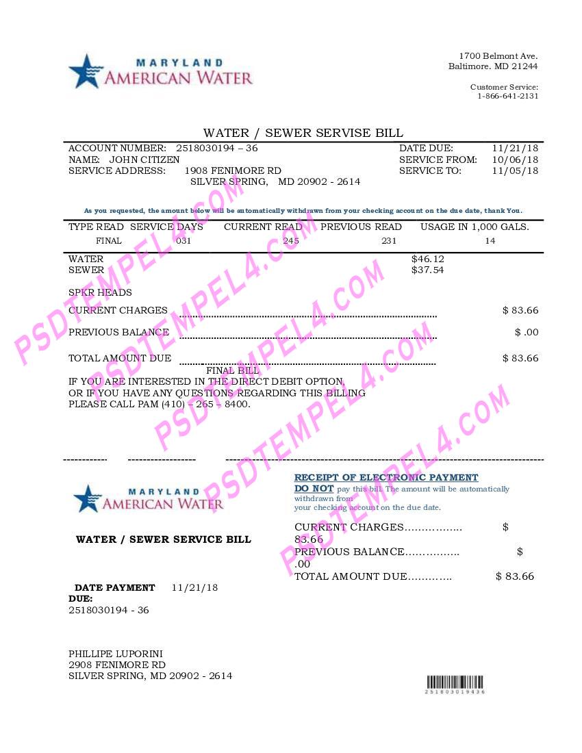 Maryland American Water utility bill