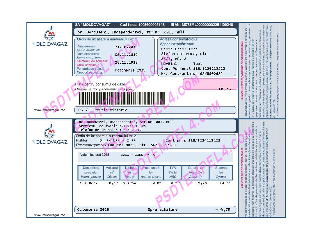 Moldova Moldovagaz utility bill