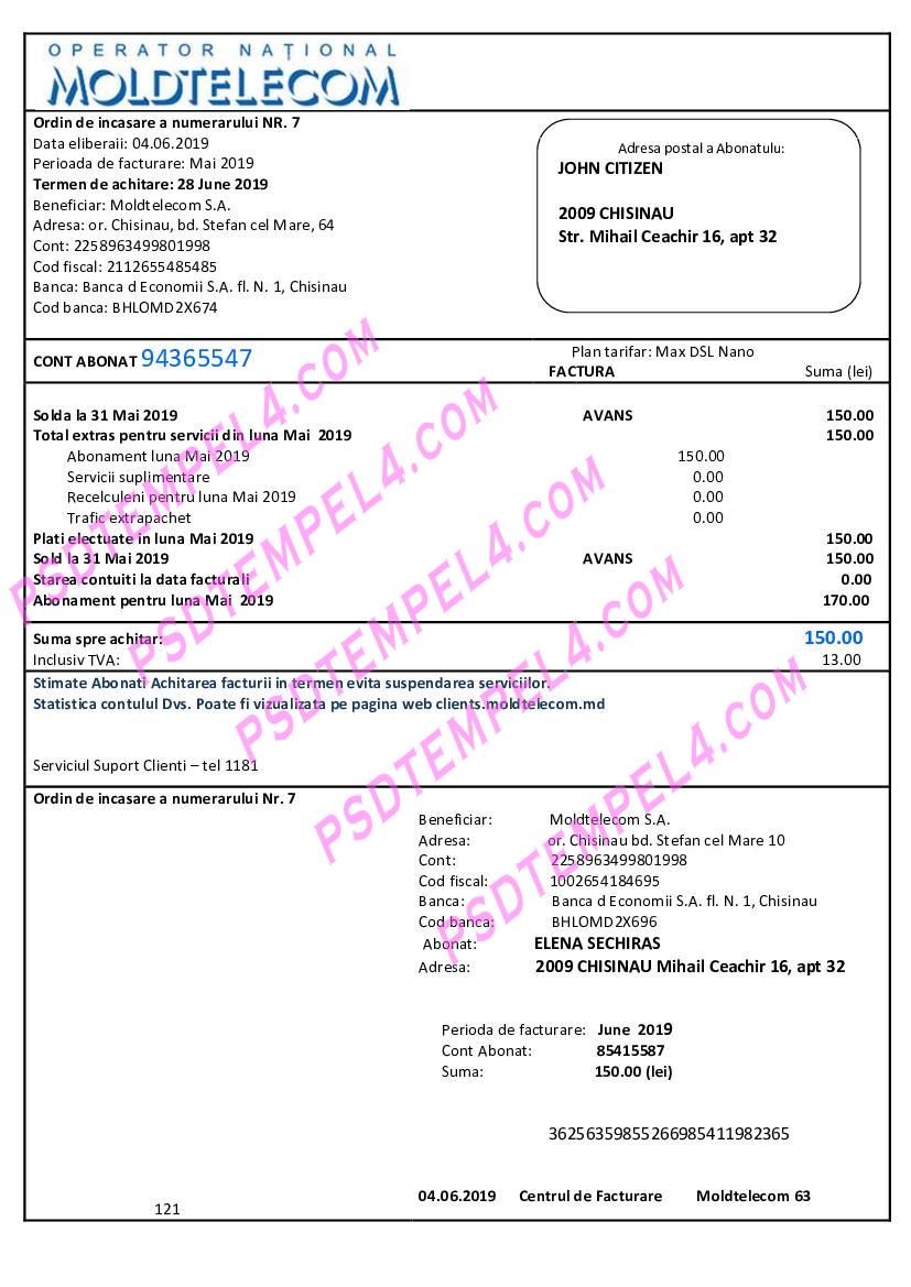 Moldova Moldtelecom utility bill