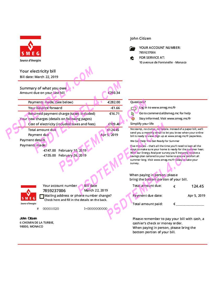 Monaco SMEG electricity utility bill